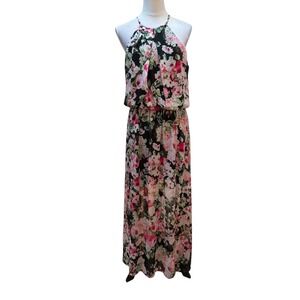 Rebecca B Floral Halter‎ Maxi Dress Black Pink Crochet Lace Back Size 12